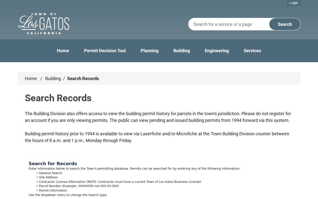 Los Gatos street directory Town building permit search